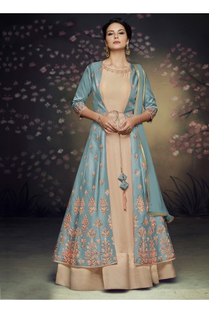 blue net and satin silk jacket style gown anarkali suit 3077